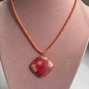 Pink Coral Bead Necklace with Pink-Red Stone Pendant